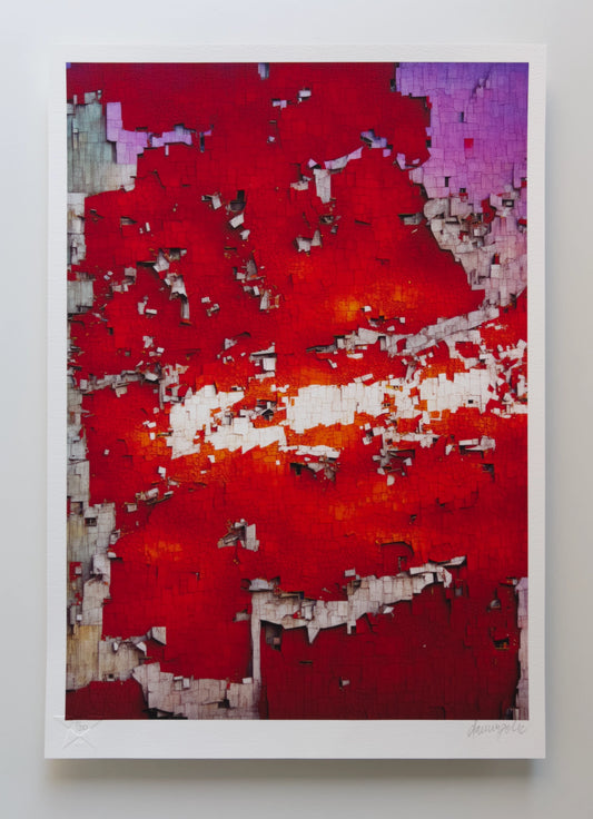 Abstract composition reminiscent of a crumbling cliff-like urban landscape washed in a vivid deep red colour interspersed with layers of concrete and a purple sunset reflection. Digital artwork by Damir Polic printed on textured fine art paper. Published by Classified Matter Editions, London UK.